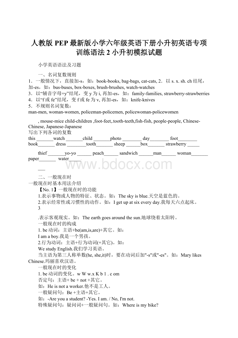 人教版PEP最新版小学六年级英语下册小升初英语专项训练语法2小升初模拟试题.docx_第1页