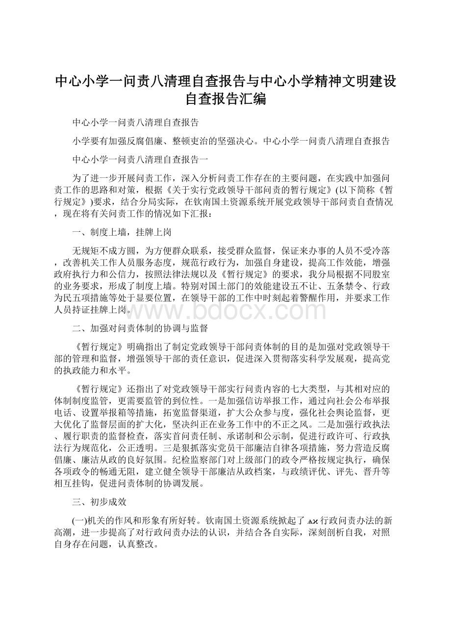 中心小学一问责八清理自查报告与中心小学精神文明建设自查报告汇编文档格式.docx