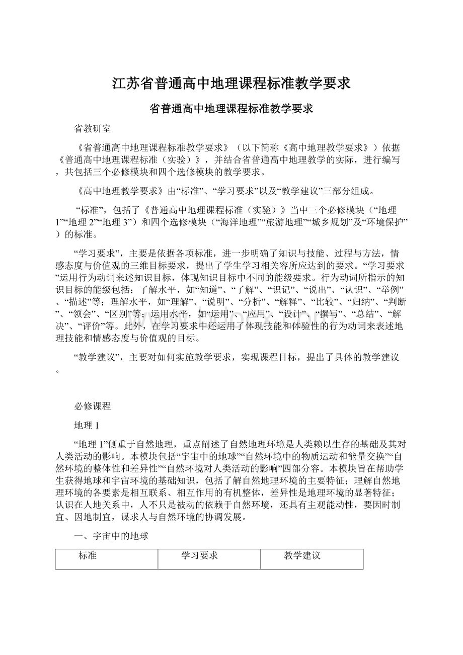 江苏省普通高中地理课程标准教学要求文档格式.docx