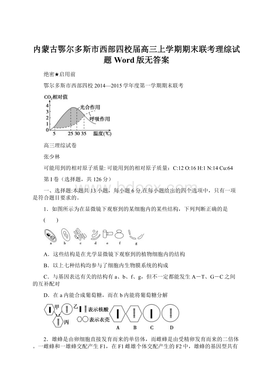 内蒙古鄂尔多斯市西部四校届高三上学期期末联考理综试题 Word版无答案Word格式文档下载.docx