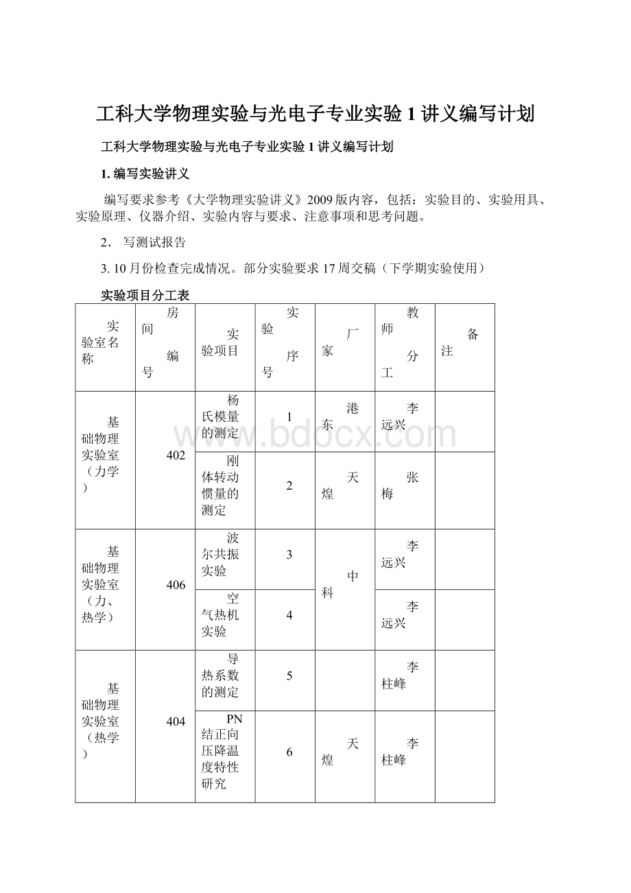 工科大学物理实验与光电子专业实验1讲义编写计划Word下载.docx_第1页