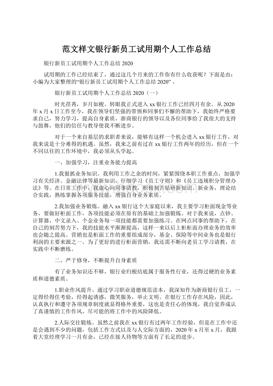 范文样文银行新员工试用期个人工作总结.docx