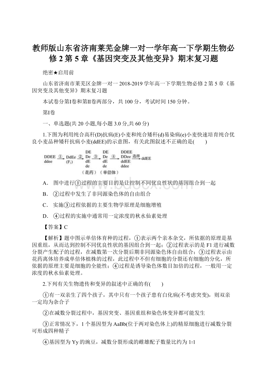 教师版山东省济南莱芜金牌一对一学年高一下学期生物必修2第5章《基因突变及其他变异》期末复习题Word文件下载.docx_第1页