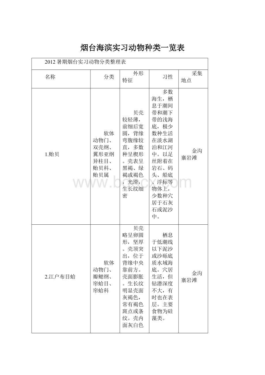 烟台海滨实习动物种类一览表.docx_第1页