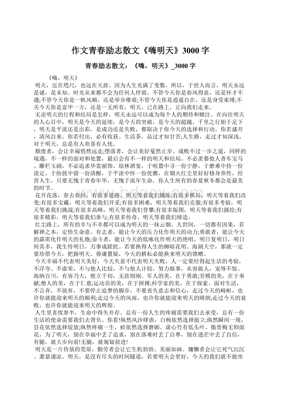 作文青春励志散文《嗨明天》3000字Word格式文档下载.docx_第1页