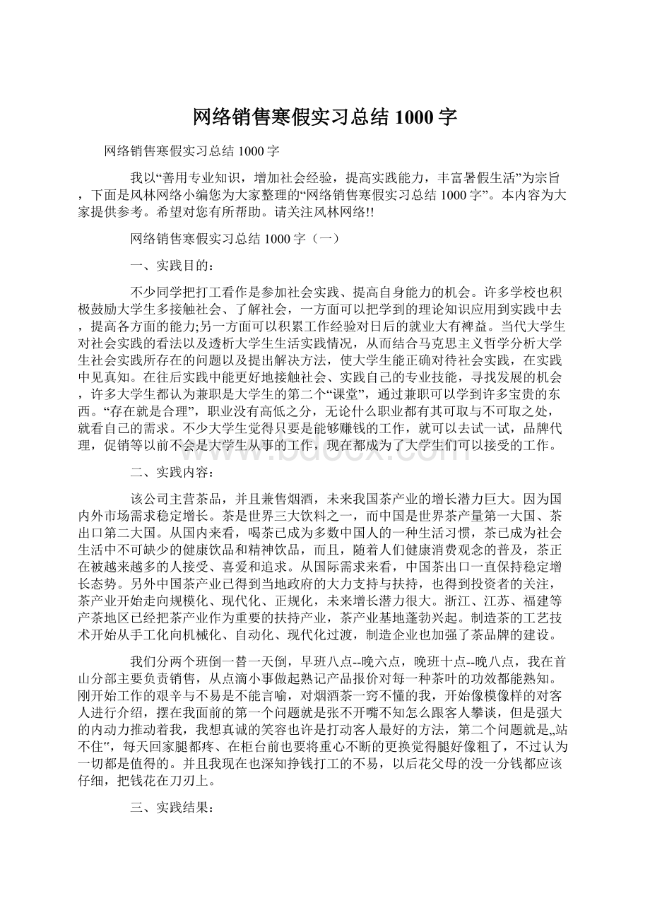 网络销售寒假实习总结1000字.docx_第1页