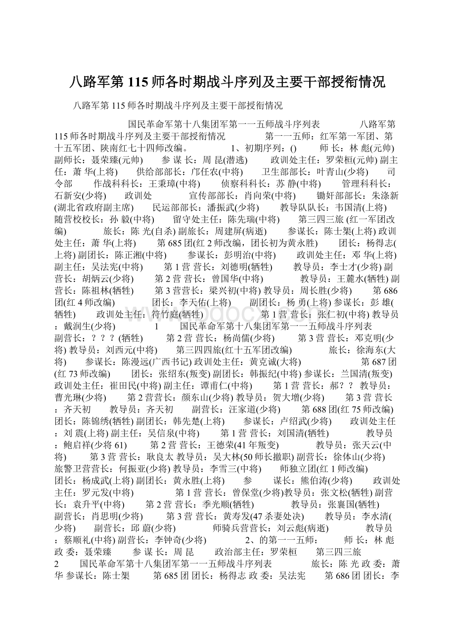 八路军第115师各时期战斗序列及主要干部授衔情况Word格式文档下载.docx_第1页