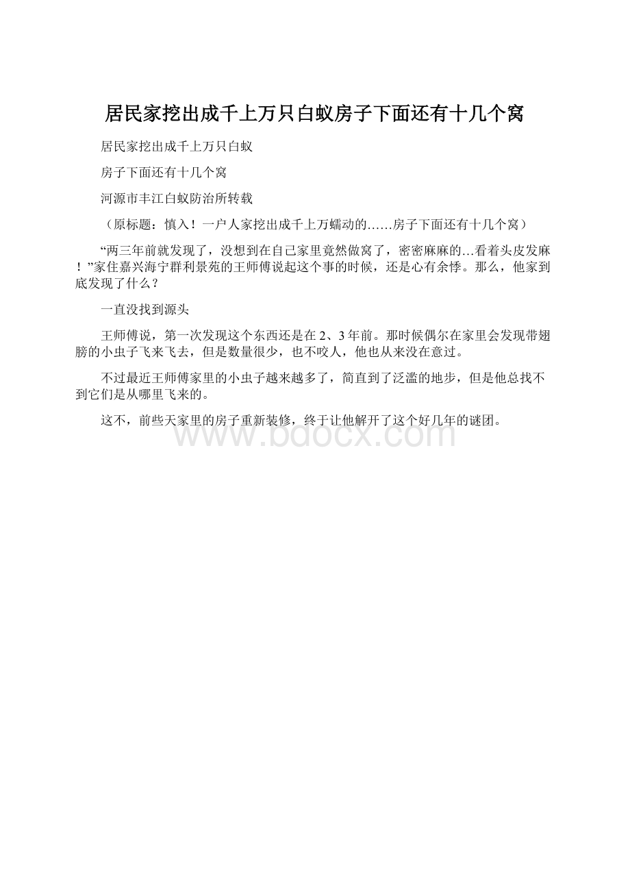 居民家挖出成千上万只白蚁房子下面还有十几个窝Word文档下载推荐.docx_第1页