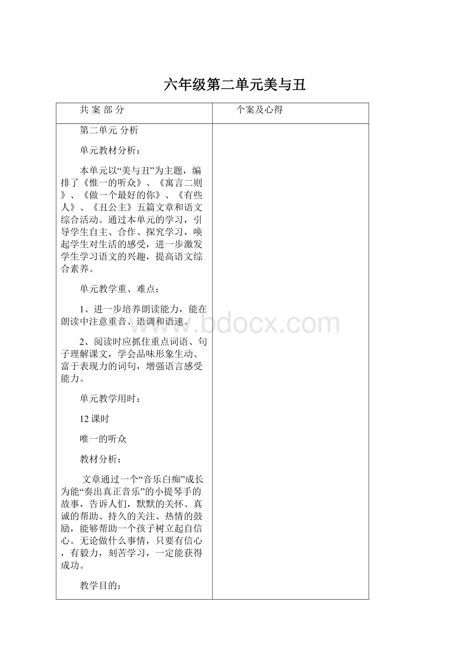 六年级第二单元美与丑Word格式文档下载.docx_第1页