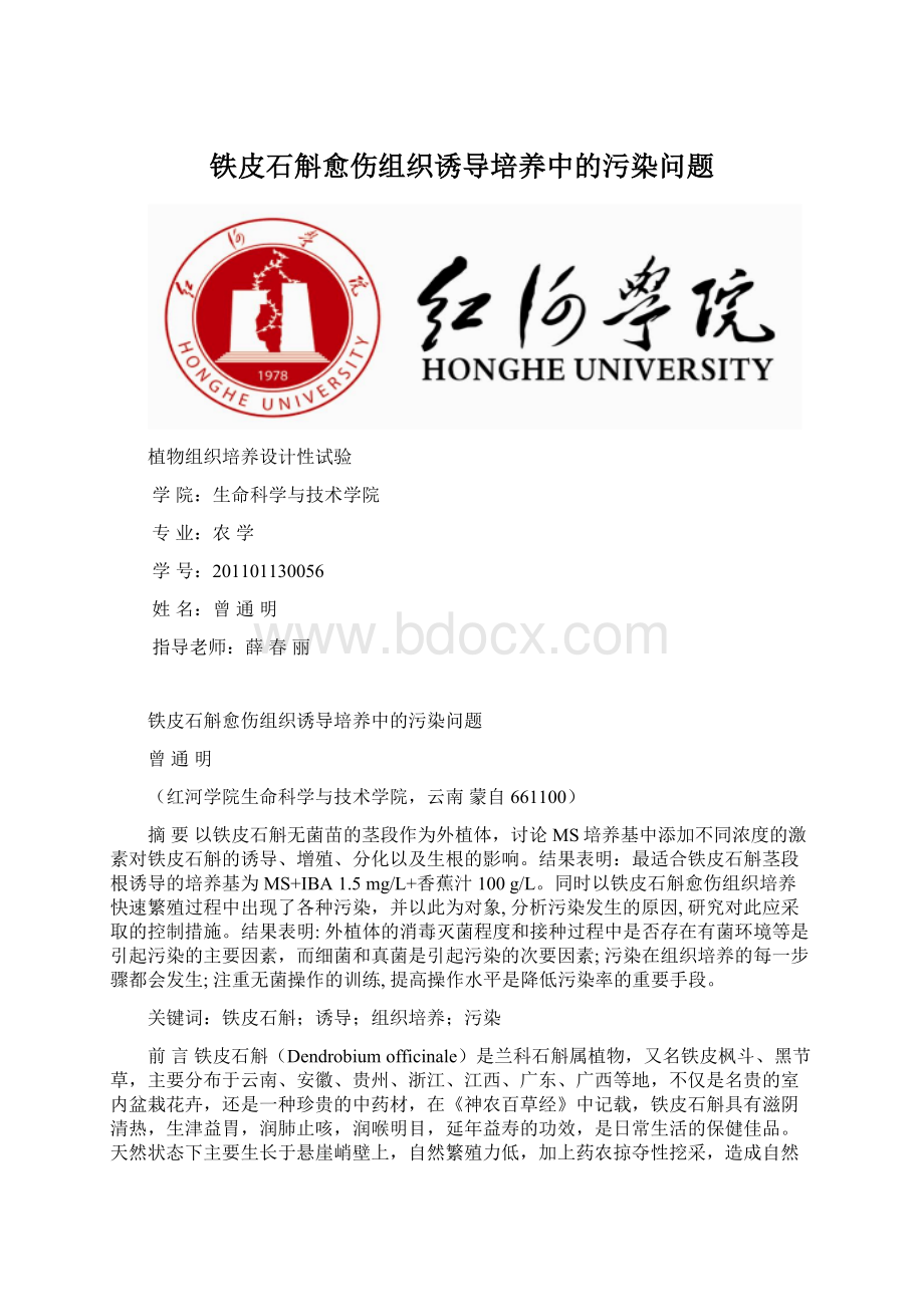 铁皮石斛愈伤组织诱导培养中的污染问题Word下载.docx