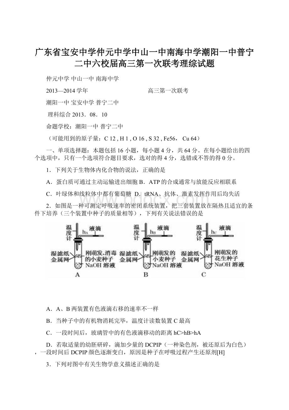 广东省宝安中学仲元中学中山一中南海中学潮阳一中普宁二中六校届高三第一次联考理综试题Word文档下载推荐.docx