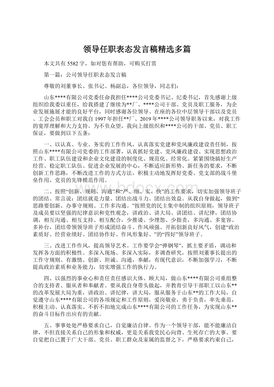 领导任职表态发言稿精选多篇文档格式.docx_第1页