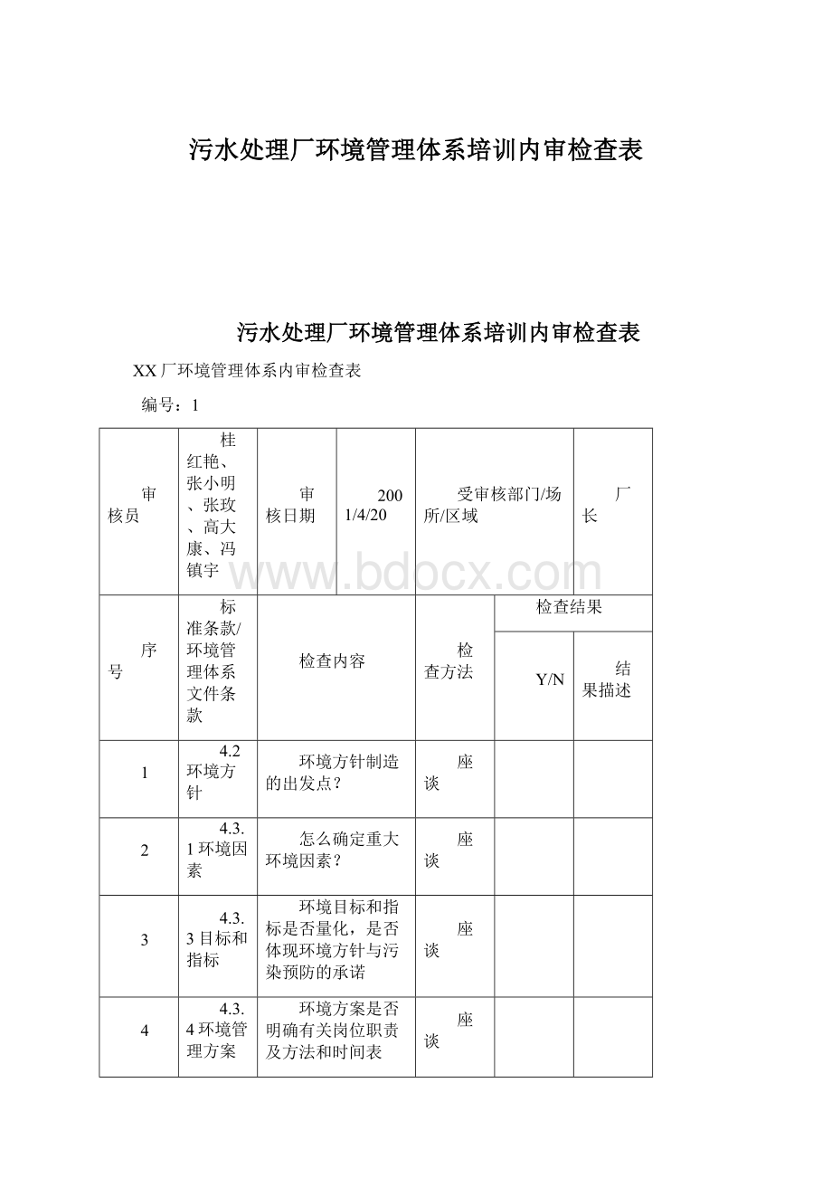 污水处理厂环境管理体系培训内审检查表.docx_第1页