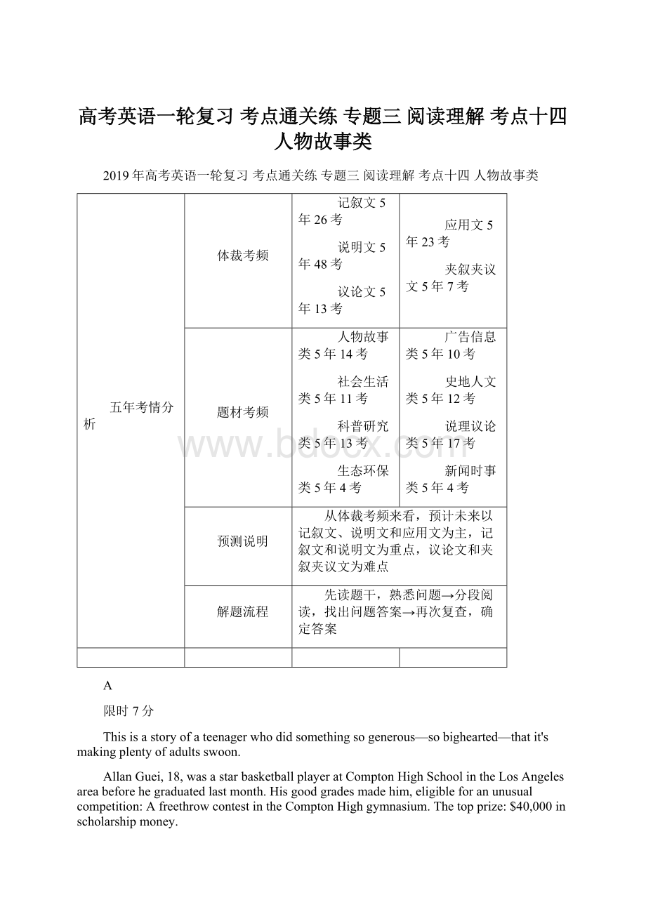 高考英语一轮复习 考点通关练 专题三 阅读理解 考点十四 人物故事类Word文档格式.docx