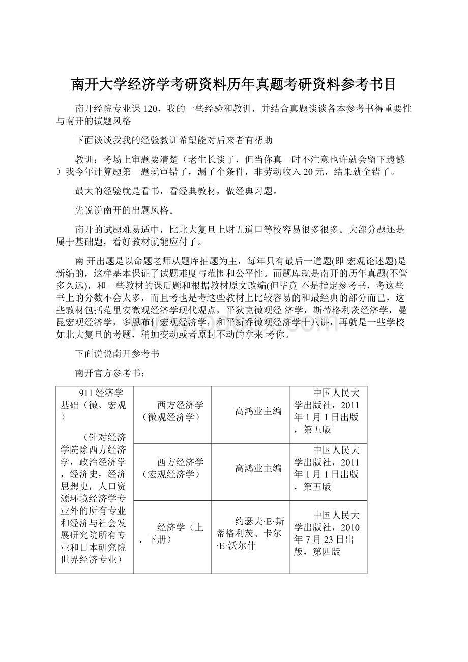 南开大学经济学考研资料历年真题考研资料参考书目Word文档下载推荐.docx