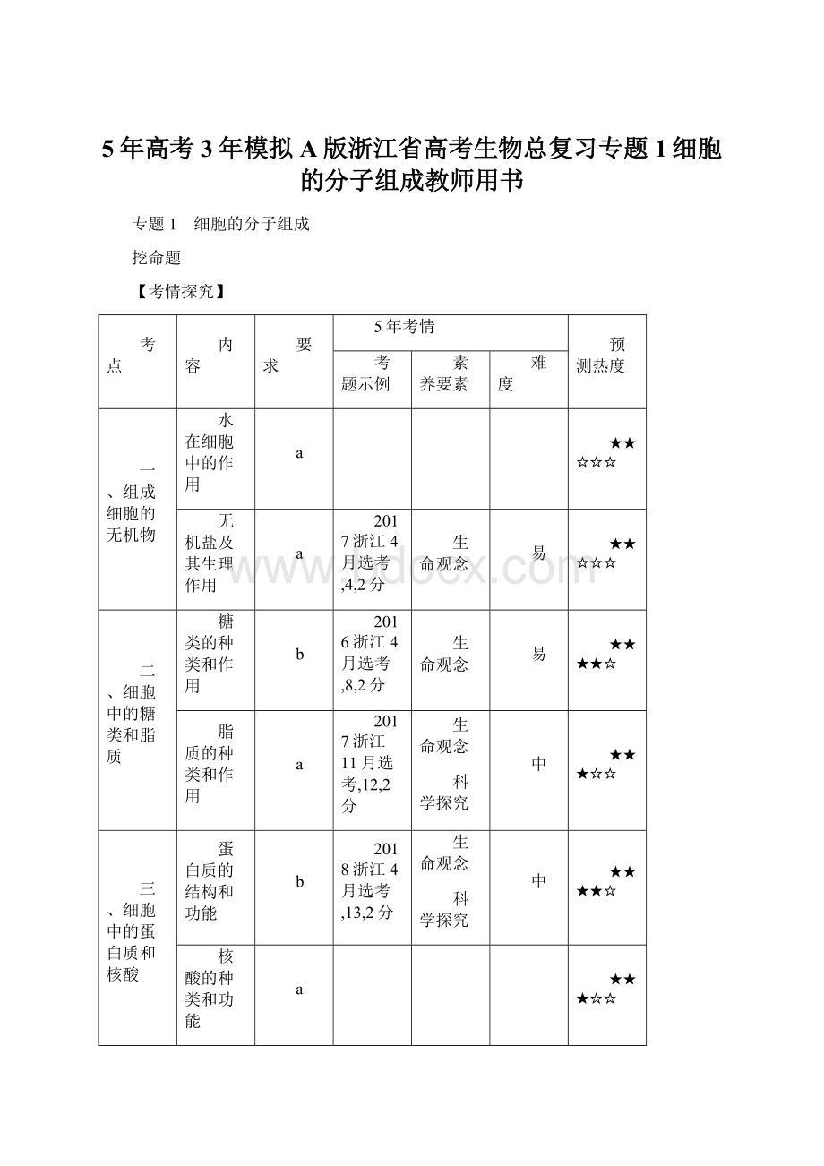 5年高考3年模拟A版浙江省高考生物总复习专题1细胞的分子组成教师用书.docx_第1页