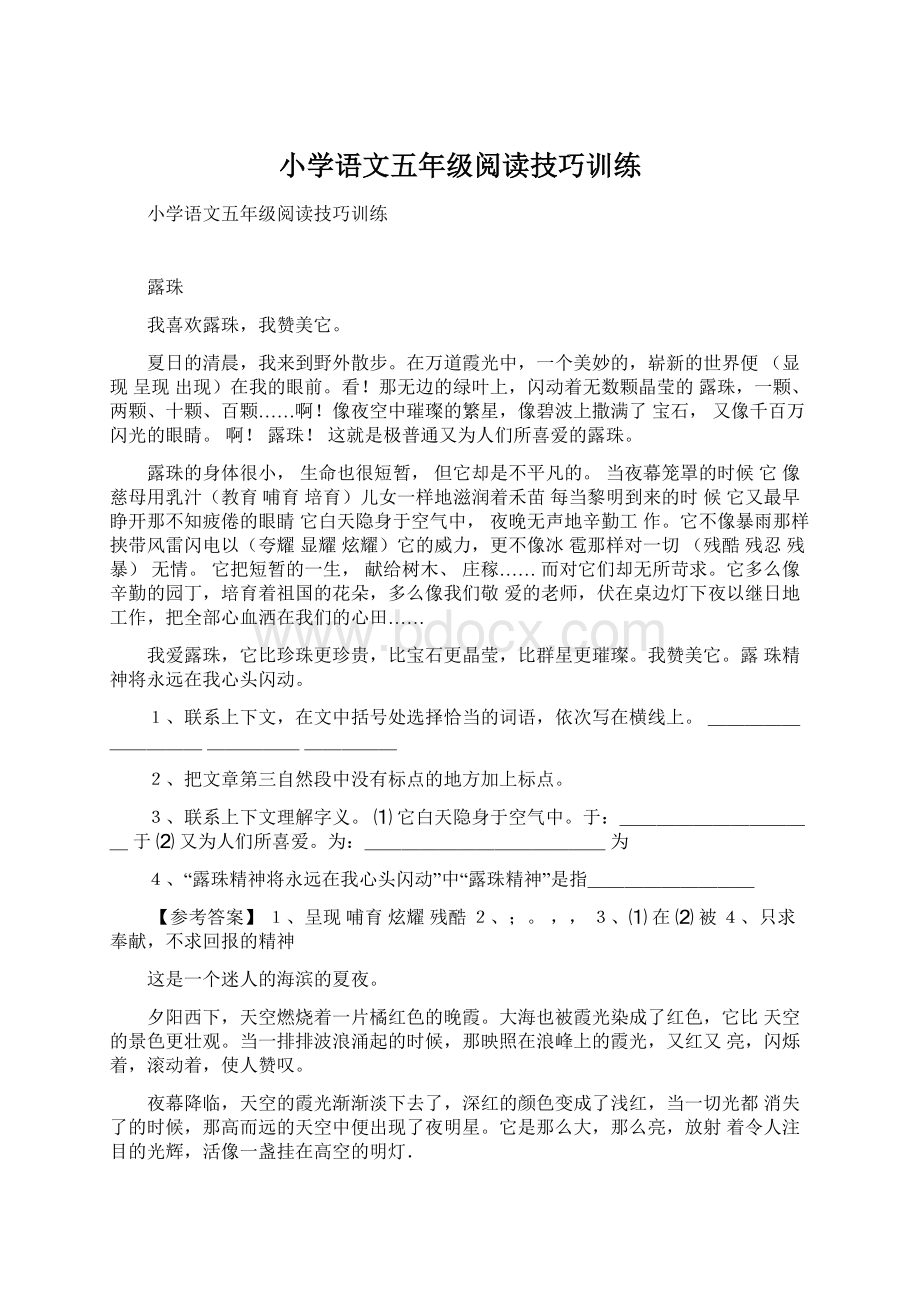 小学语文五年级阅读技巧训练文档格式.docx