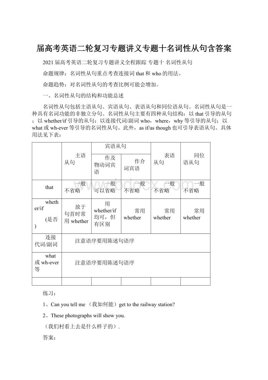 届高考英语二轮复习专题讲义专题十名词性从句含答案.docx_第1页