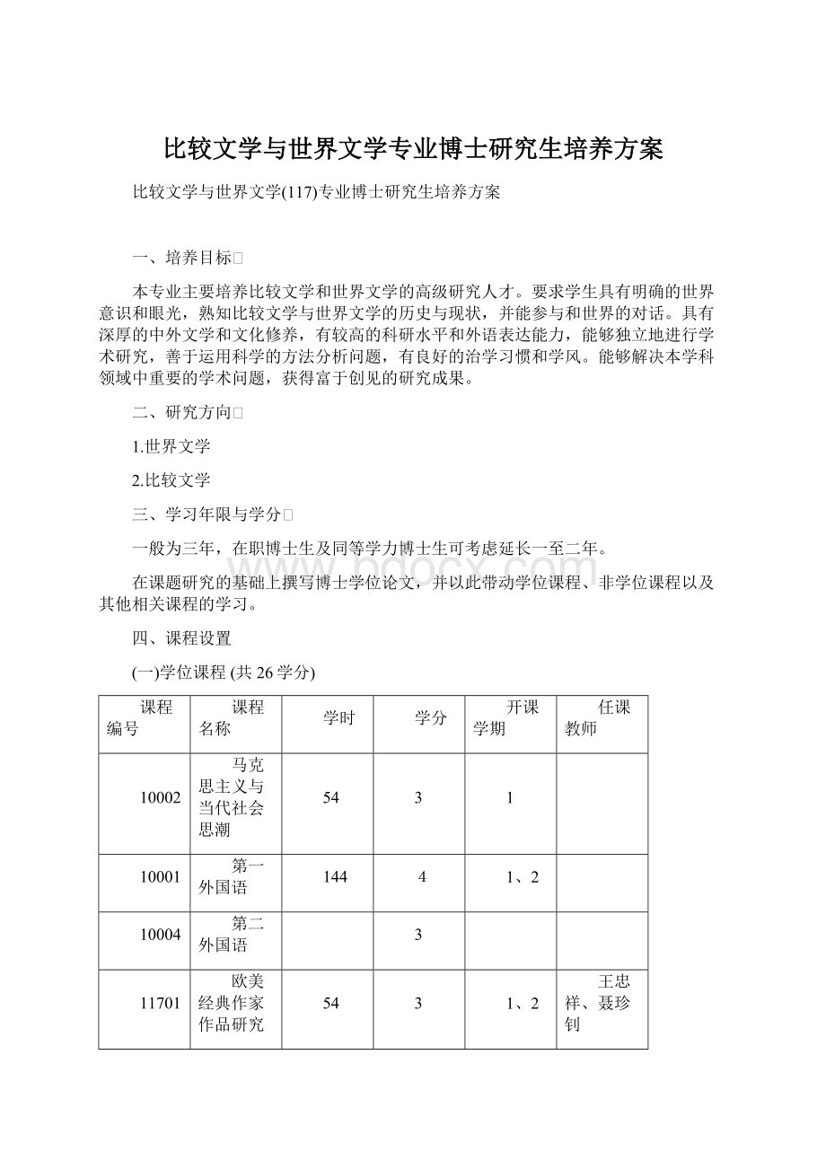 比较文学与世界文学专业博士研究生培养方案.docx