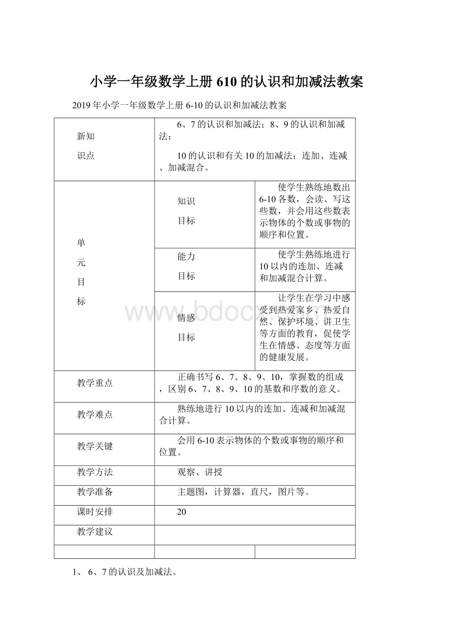 小学一年级数学上册610的认识和加减法教案Word文档格式.docx