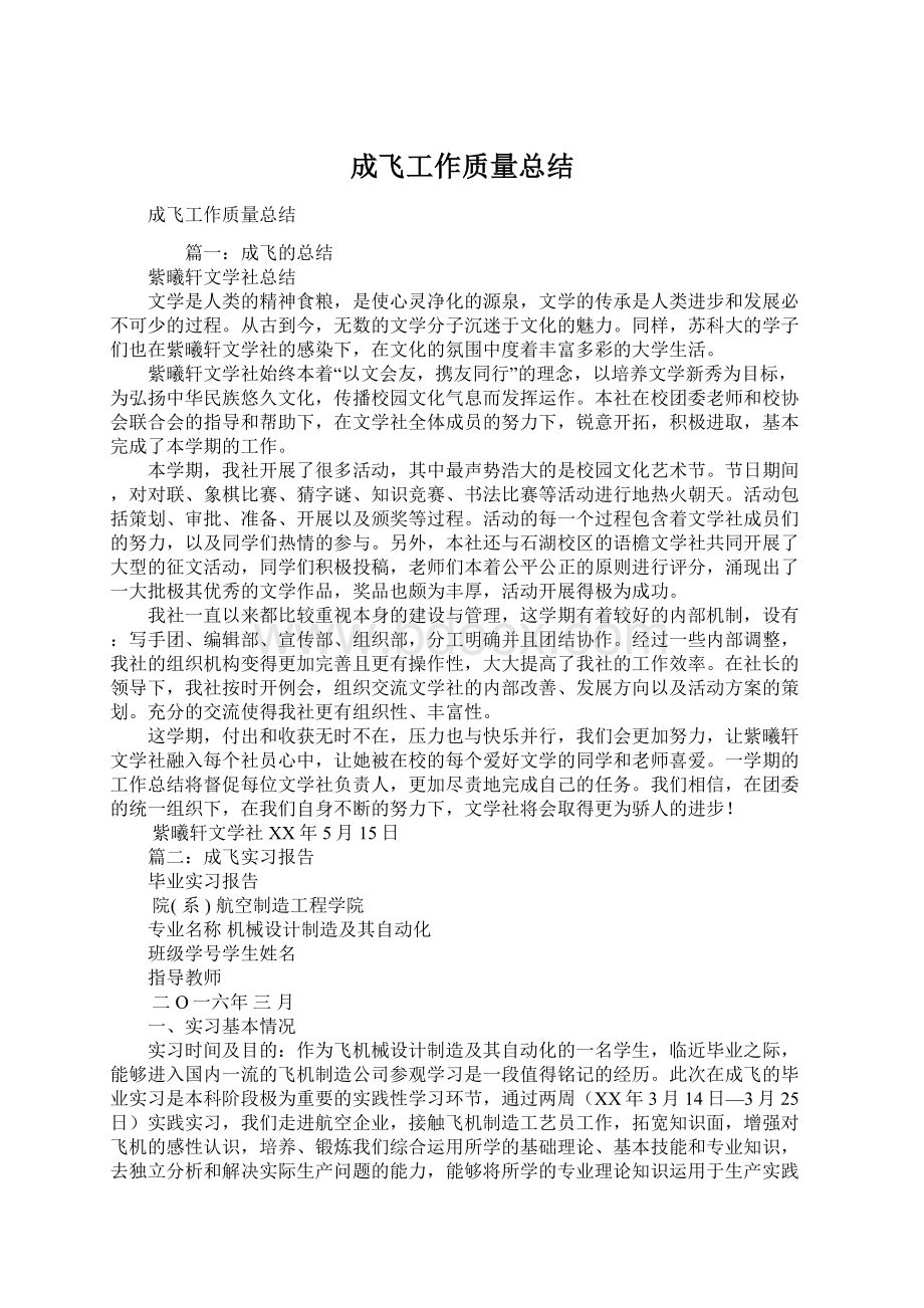 成飞工作质量总结Word格式.docx