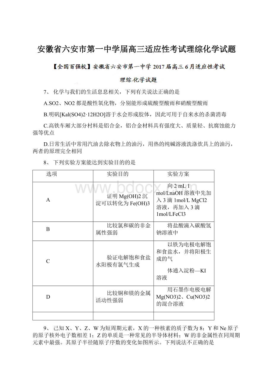 安徽省六安市第一中学届高三适应性考试理综化学试题Word文档下载推荐.docx