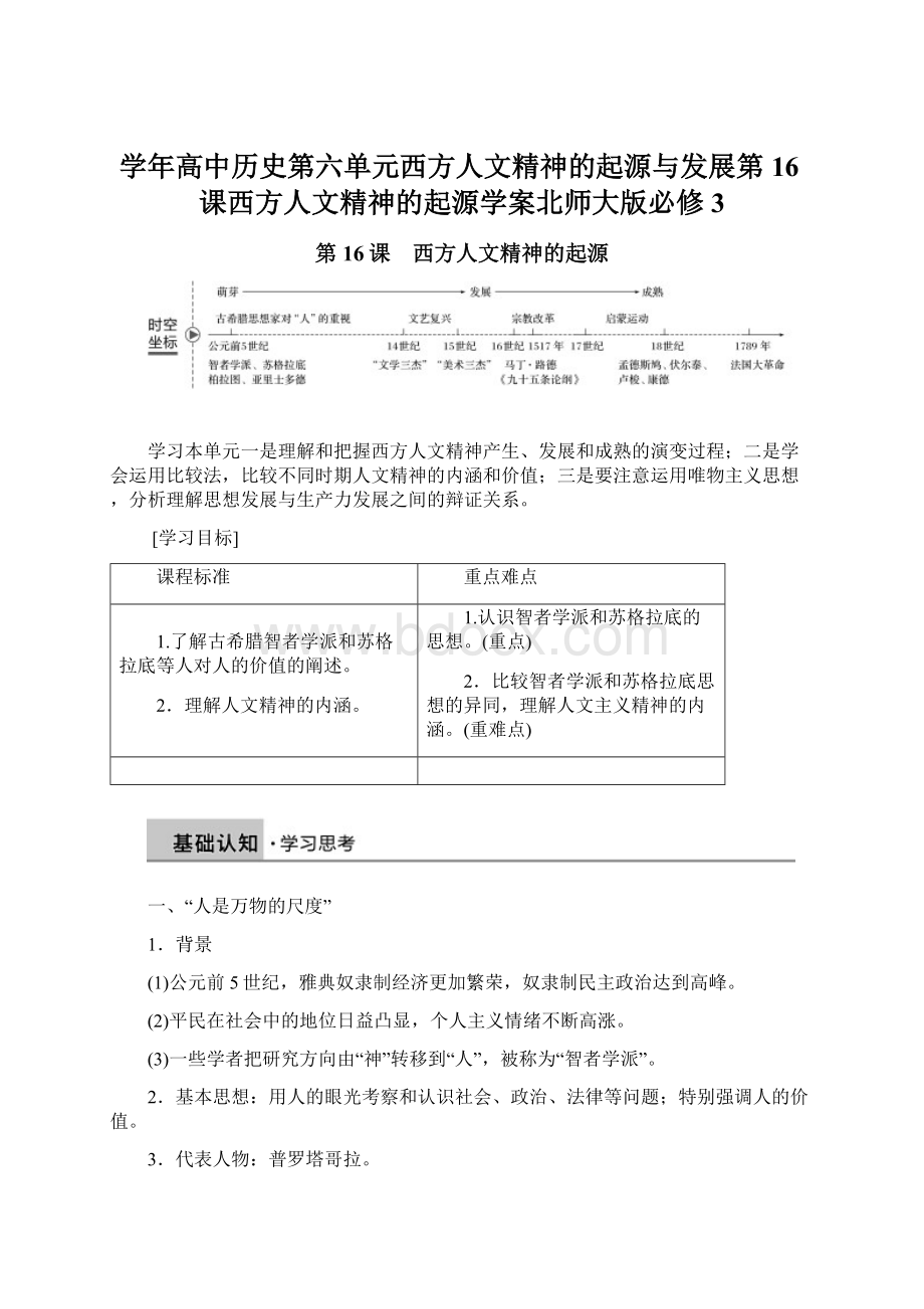 学年高中历史第六单元西方人文精神的起源与发展第16课西方人文精神的起源学案北师大版必修3.docx_第1页