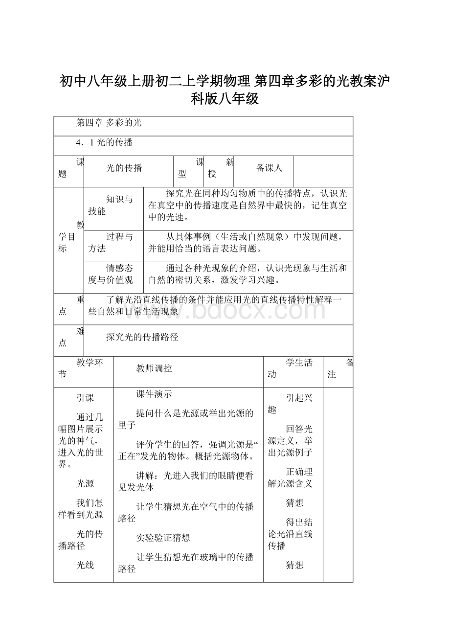 初中八年级上册初二上学期物理 第四章多彩的光教案沪科版八年级.docx_第1页