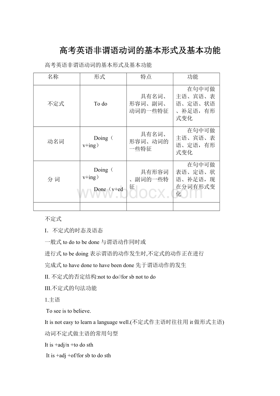 高考英语非谓语动词的基本形式及基本功能文档格式.docx