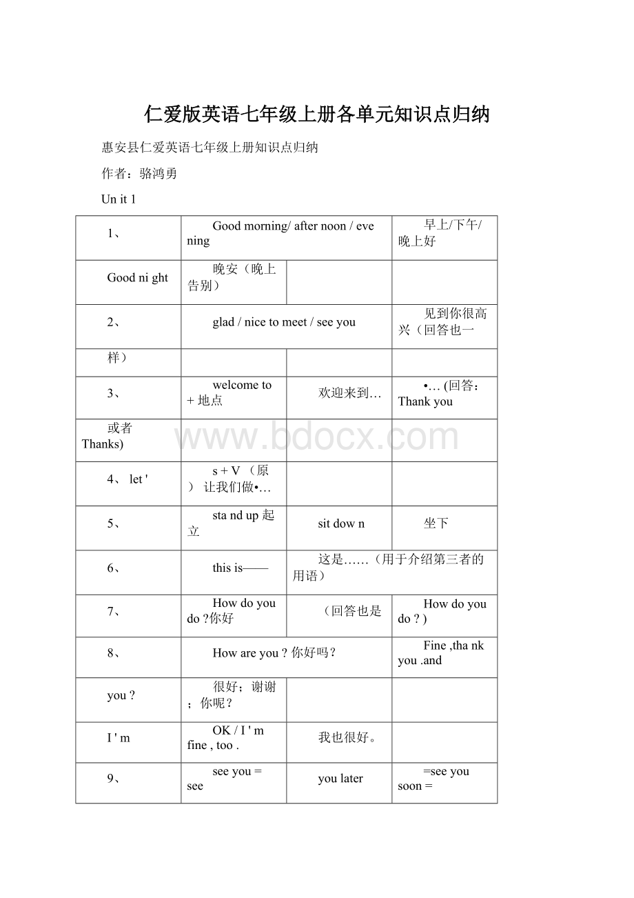 仁爱版英语七年级上册各单元知识点归纳.docx