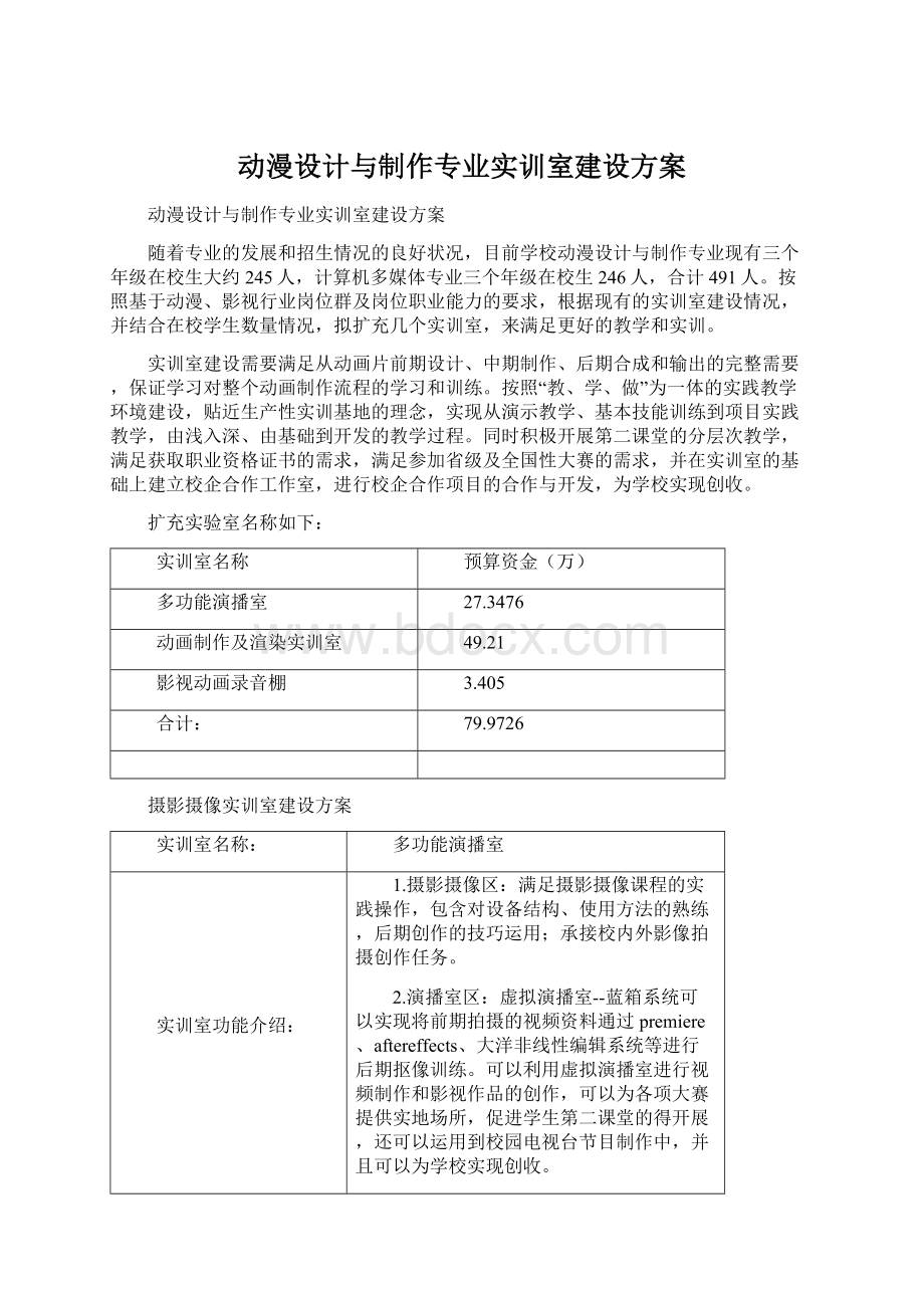 动漫设计与制作专业实训室建设方案.docx_第1页