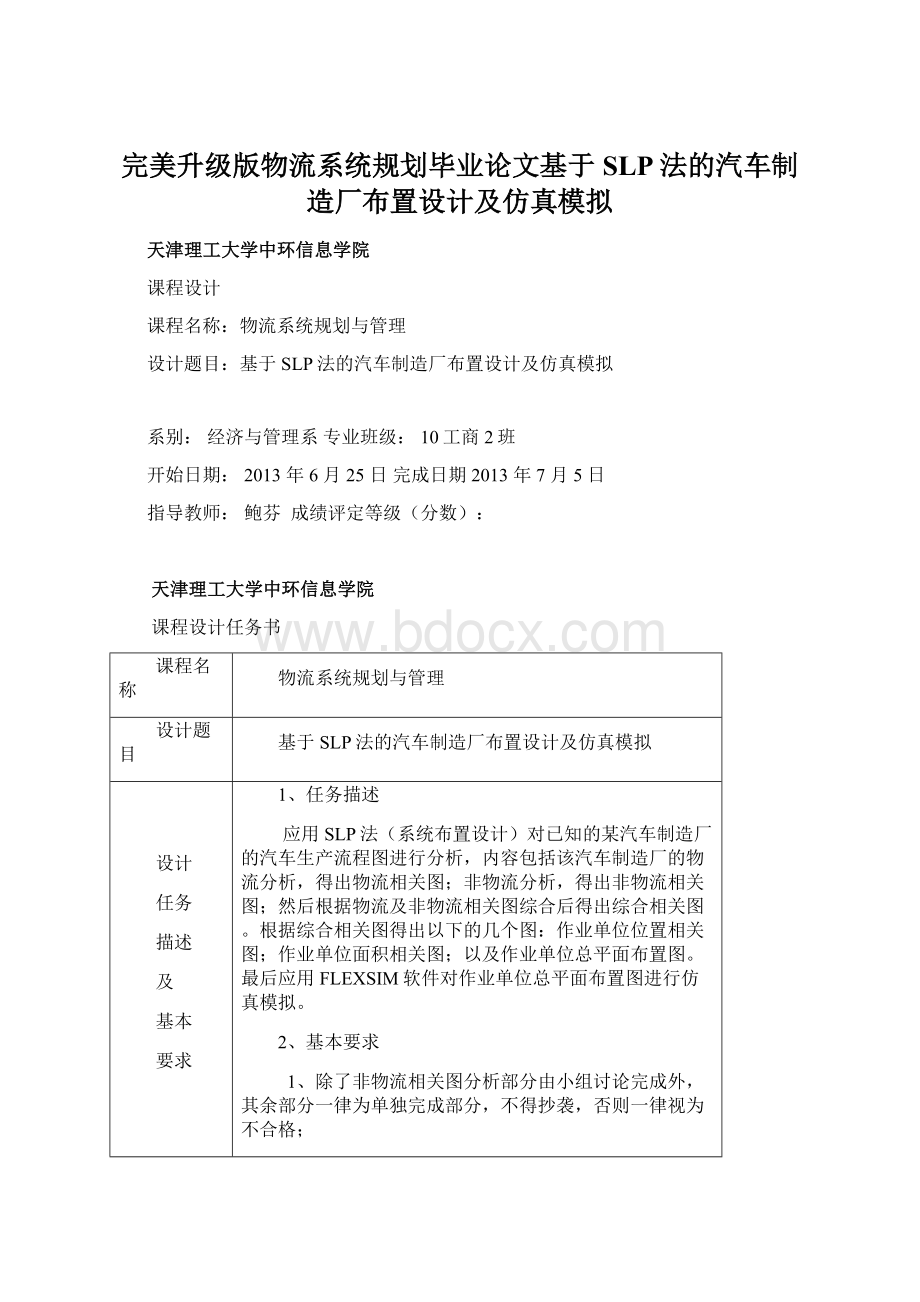 完美升级版物流系统规划毕业论文基于SLP法的汽车制造厂布置设计及仿真模拟Word文件下载.docx