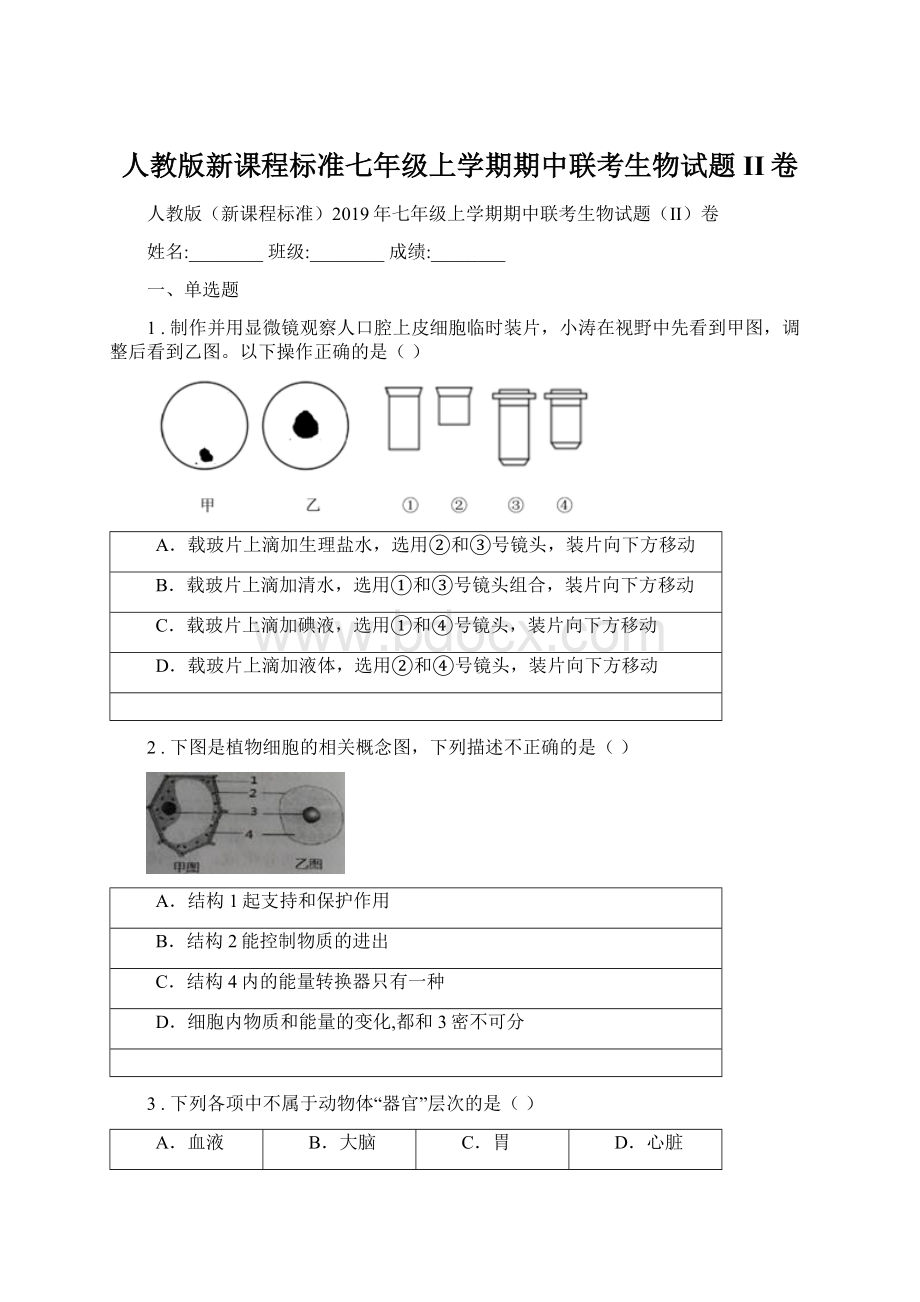 人教版新课程标准七年级上学期期中联考生物试题II卷.docx_第1页