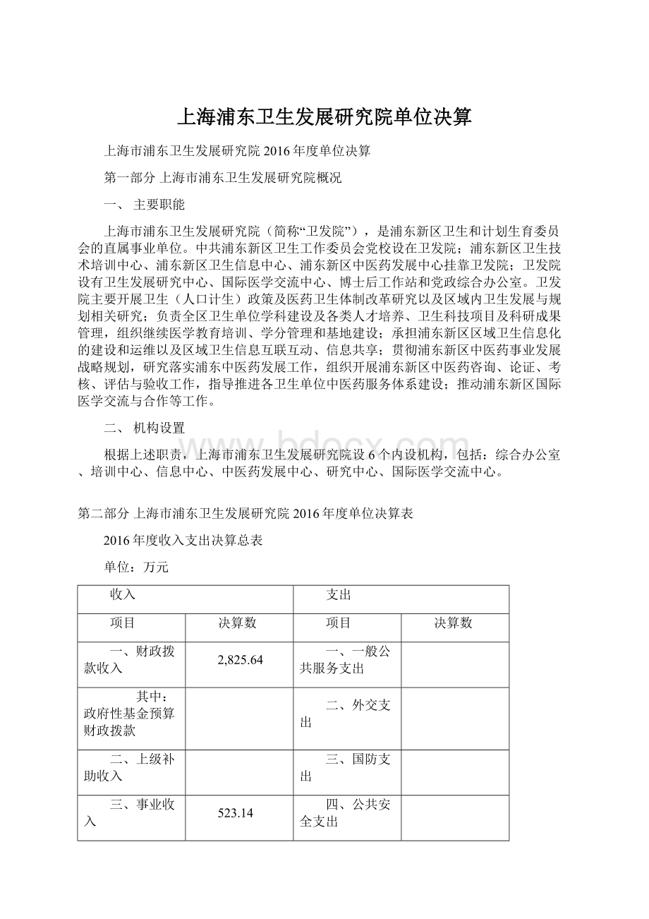 上海浦东卫生发展研究院单位决算.docx_第1页