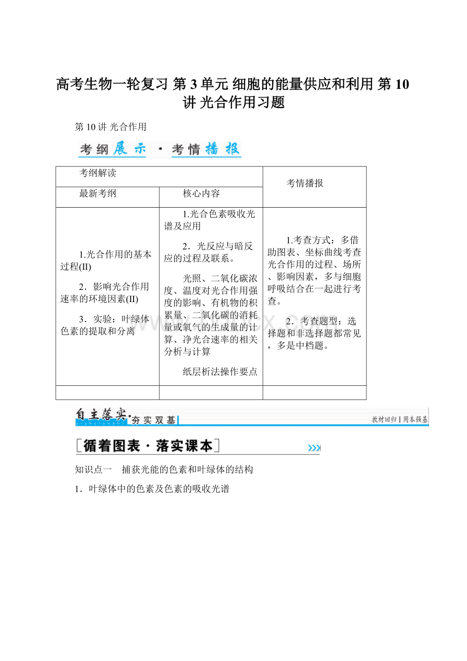 高考生物一轮复习 第3单元 细胞的能量供应和利用 第10讲 光合作用习题.docx_第1页