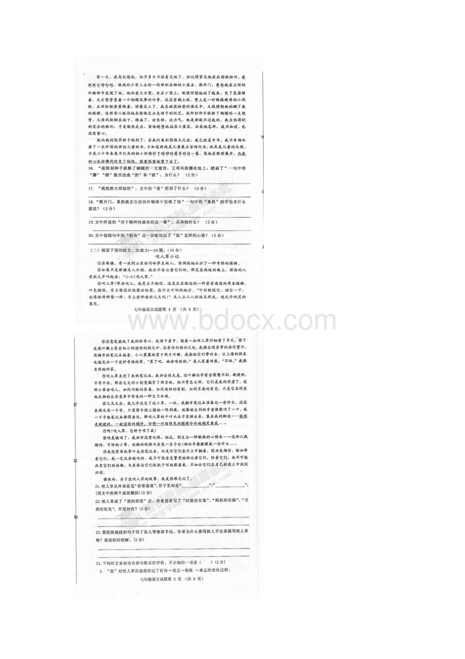 天津市河西区七年级语文上学期期末考试扫描版.docx_第3页