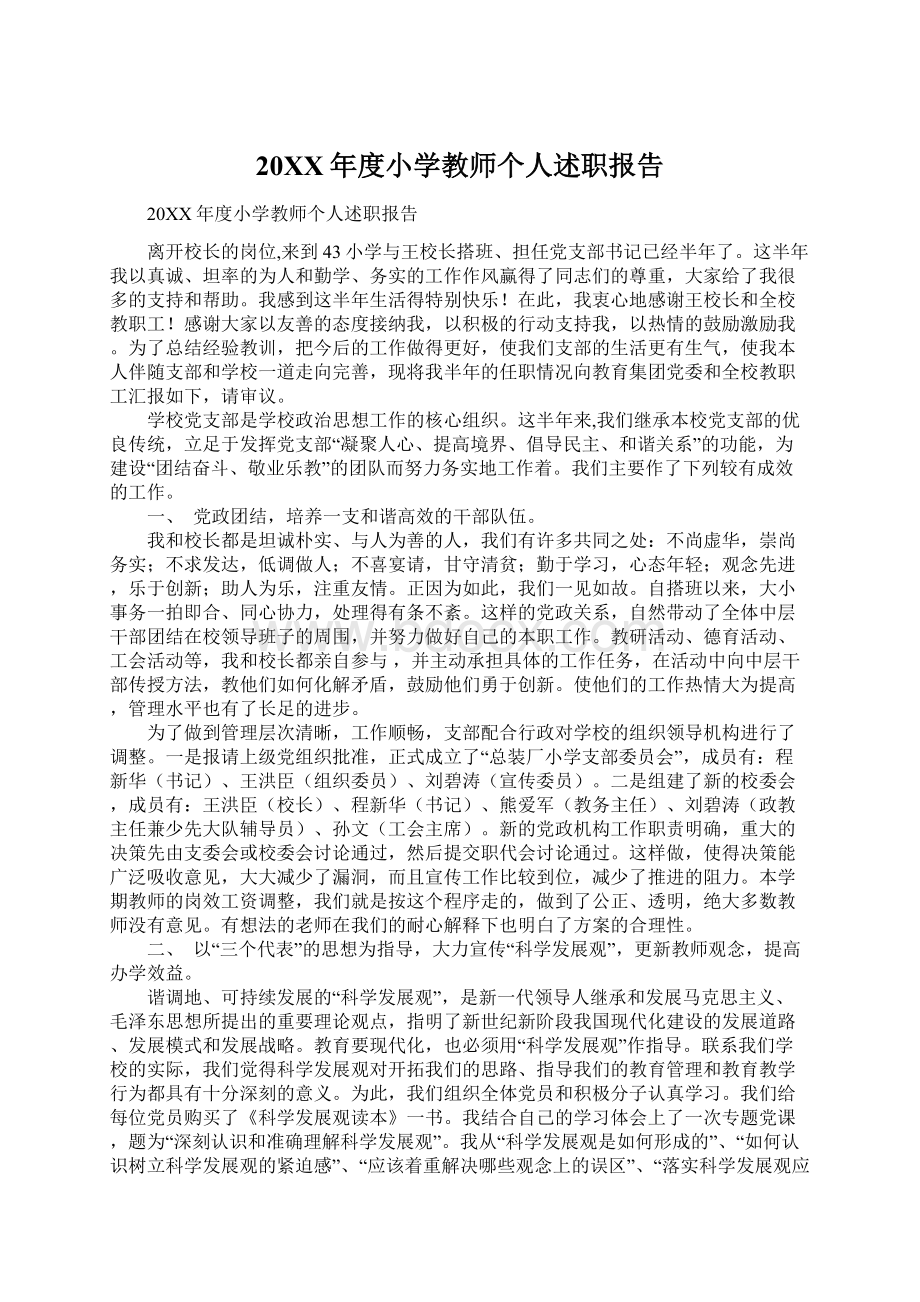 20XX年度小学教师个人述职报告.docx