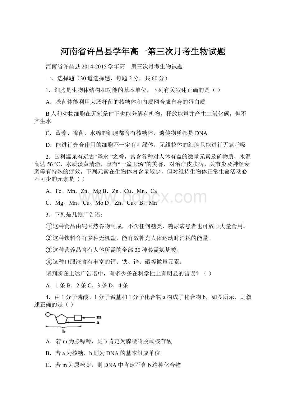 河南省许昌县学年高一第三次月考生物试题.docx_第1页