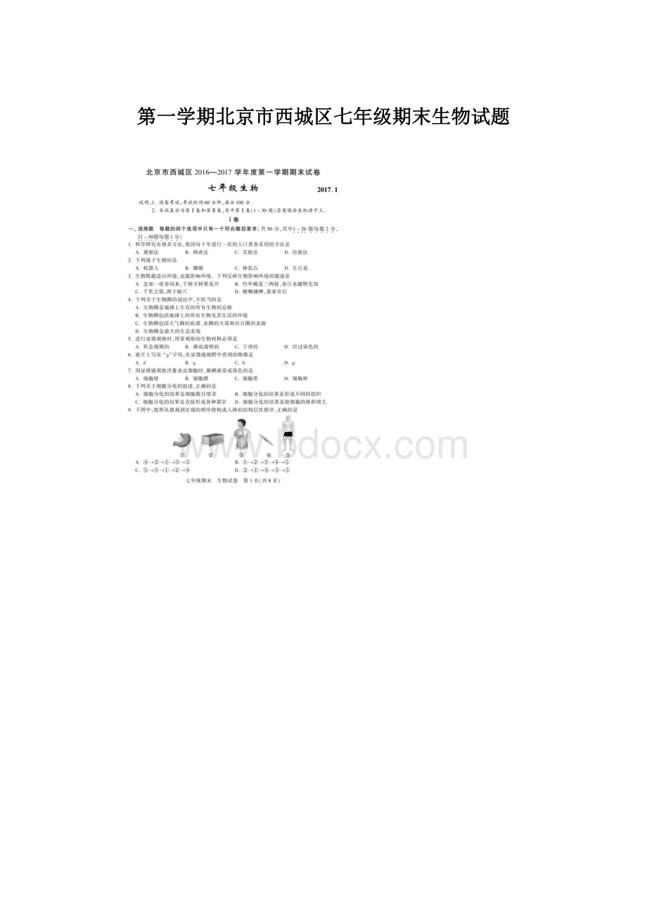 第一学期北京市西城区七年级期末生物试题Word下载.docx_第1页