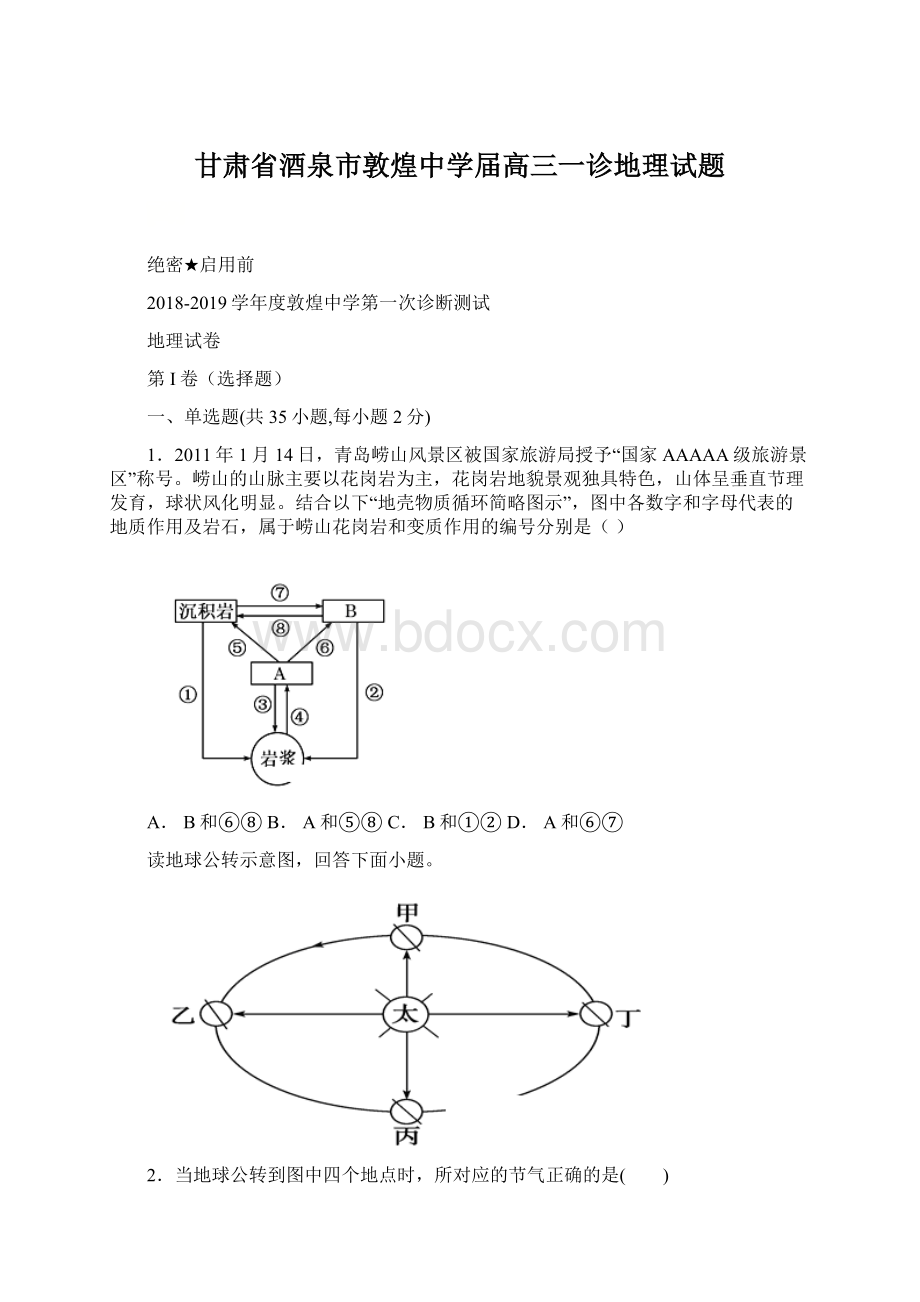 甘肃省酒泉市敦煌中学届高三一诊地理试题.docx_第1页