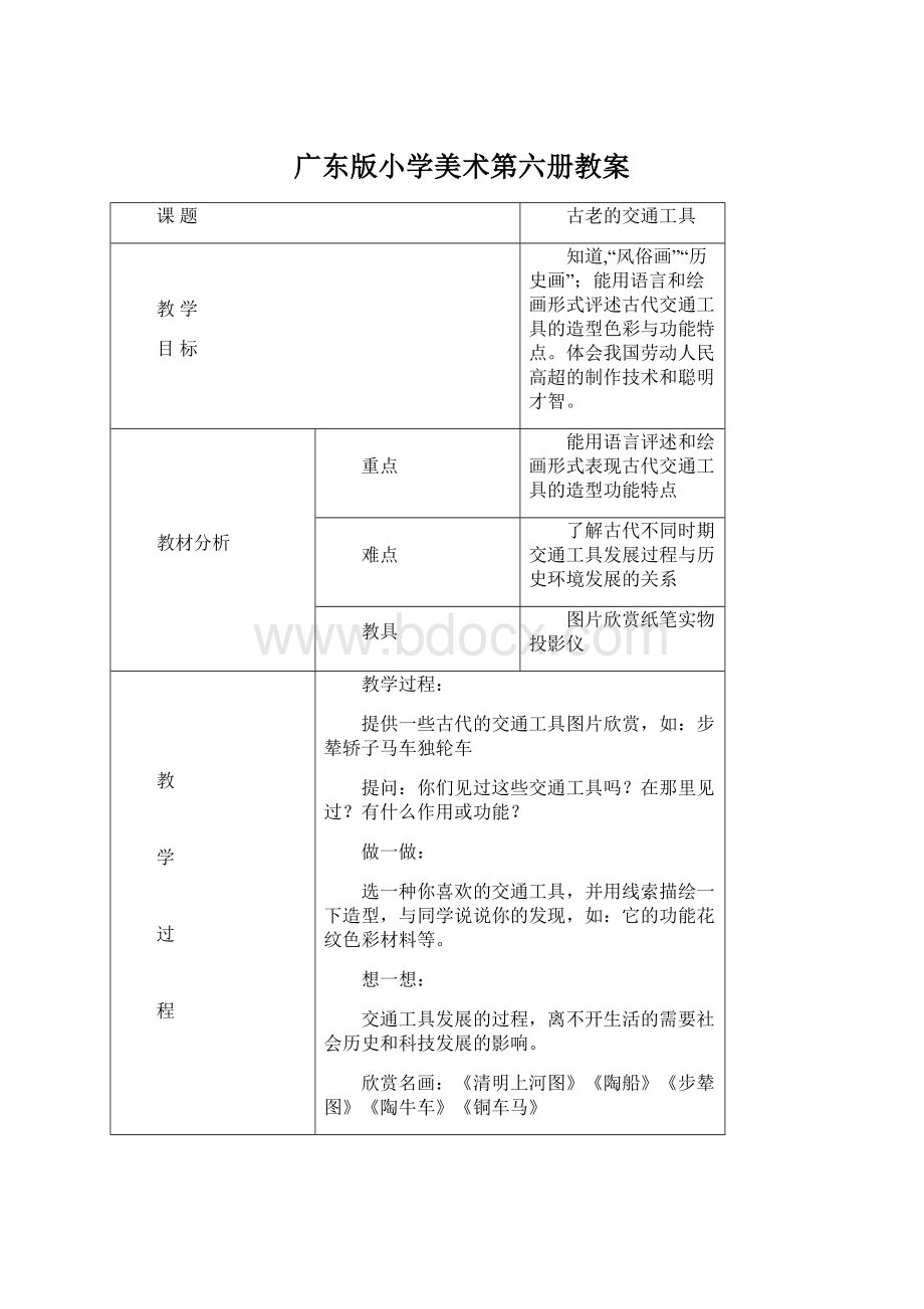 广东版小学美术第六册教案Word下载.docx_第1页