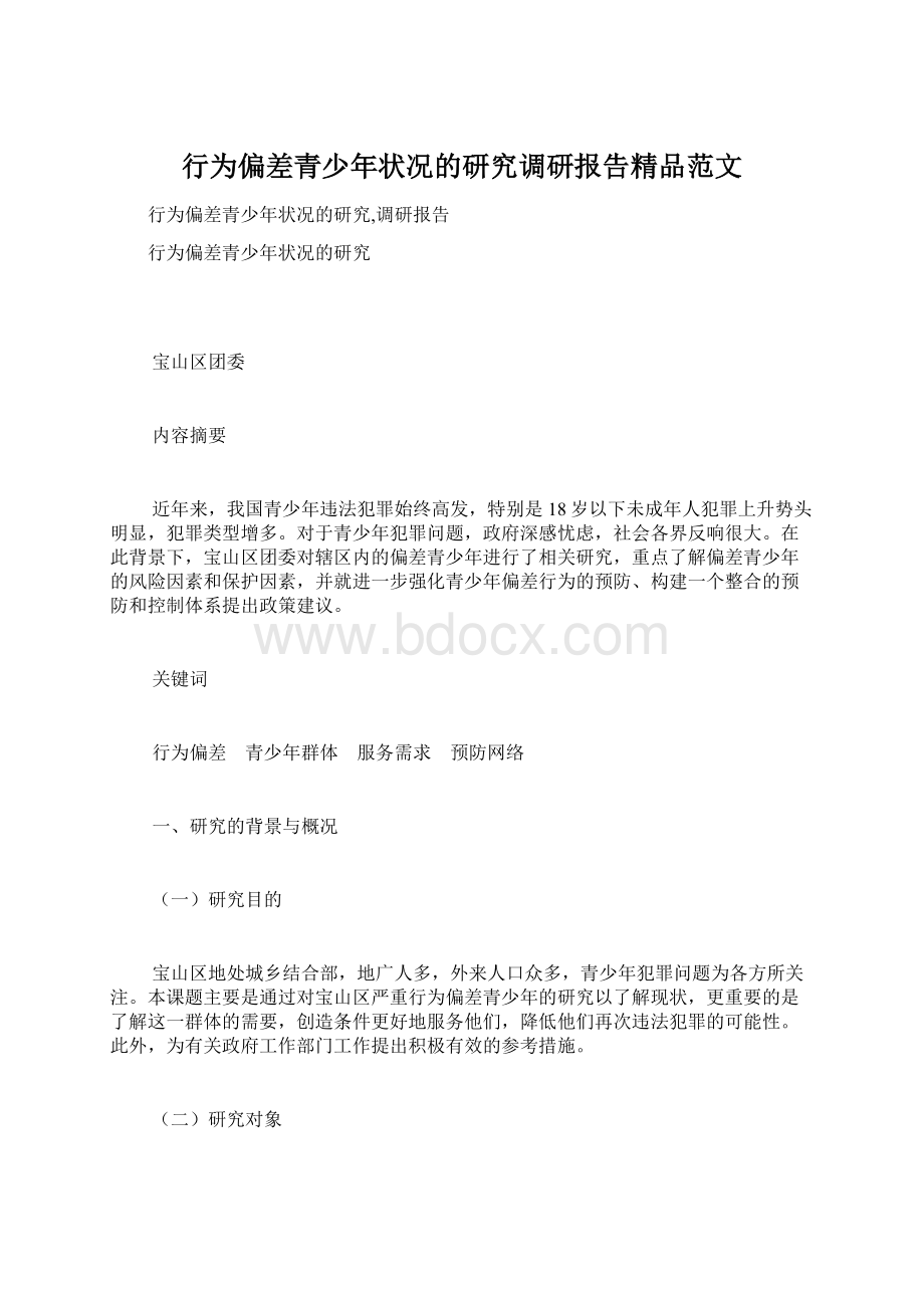 行为偏差青少年状况的研究调研报告精品范文文档格式.docx_第1页