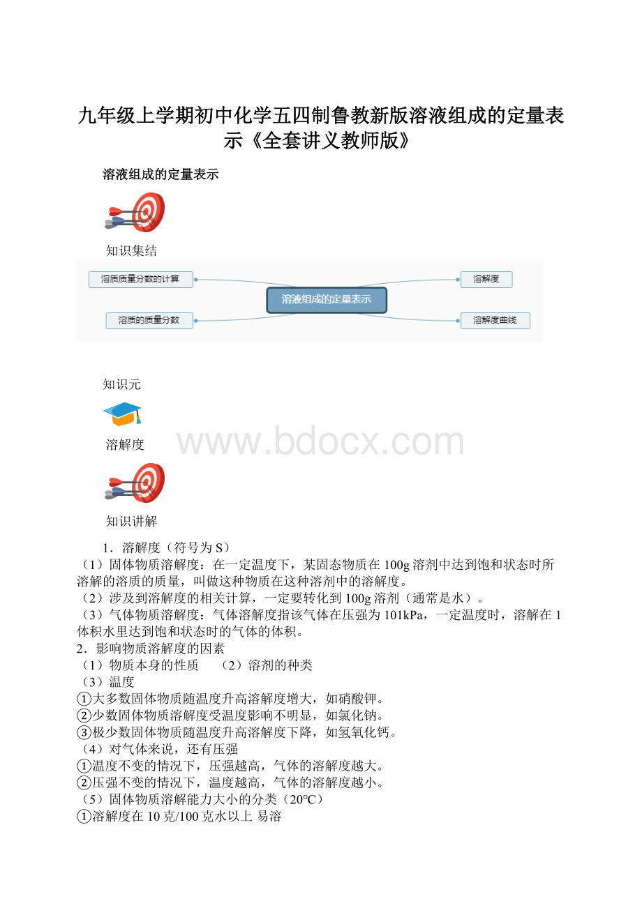 九年级上学期初中化学五四制鲁教新版溶液组成的定量表示《全套讲义教师版》.docx