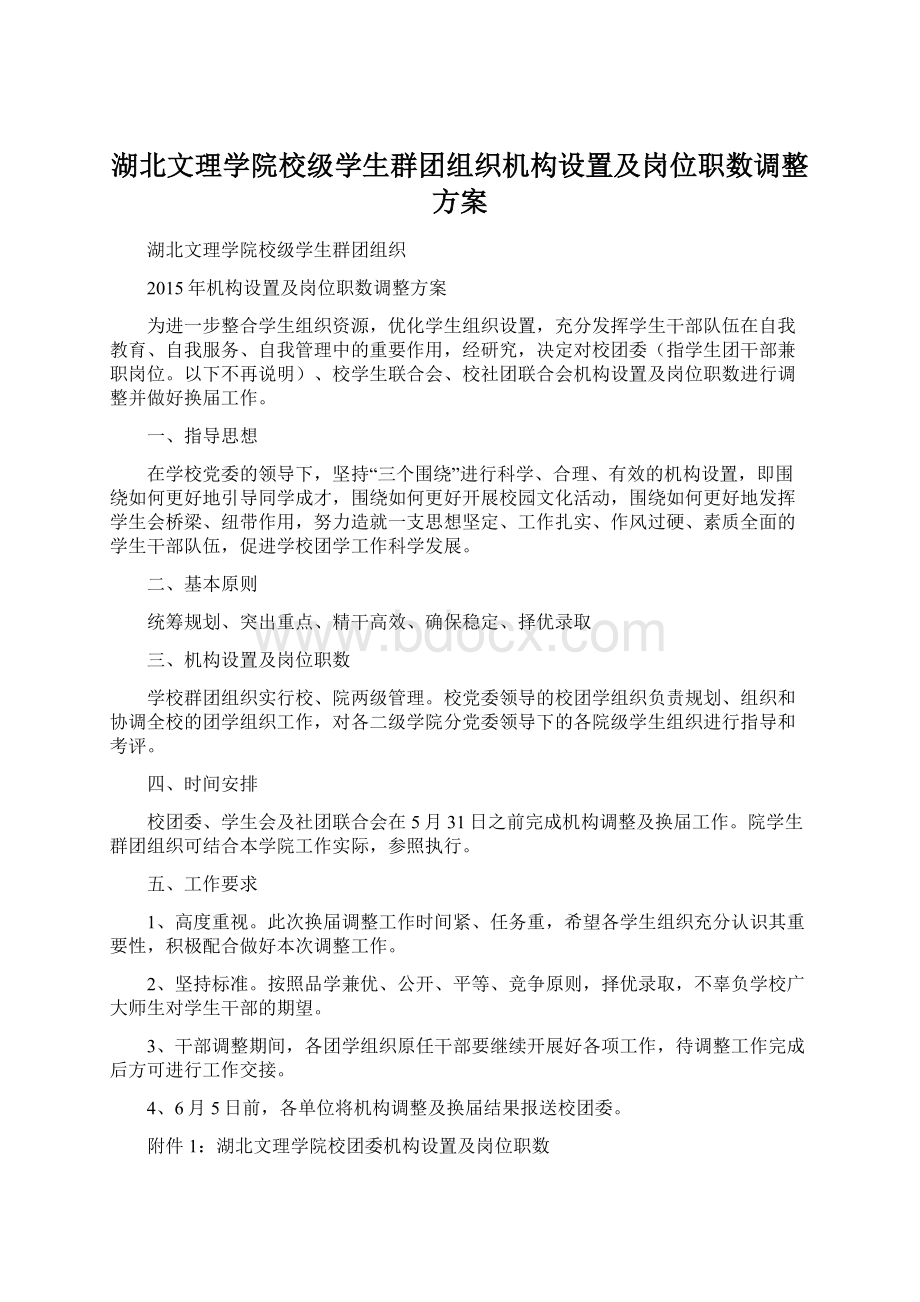 湖北文理学院校级学生群团组织机构设置及岗位职数调整方案.docx_第1页