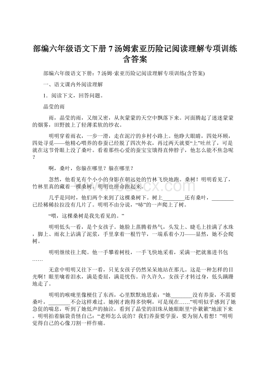 部编六年级语文下册7汤姆索亚历险记阅读理解专项训练含答案.docx