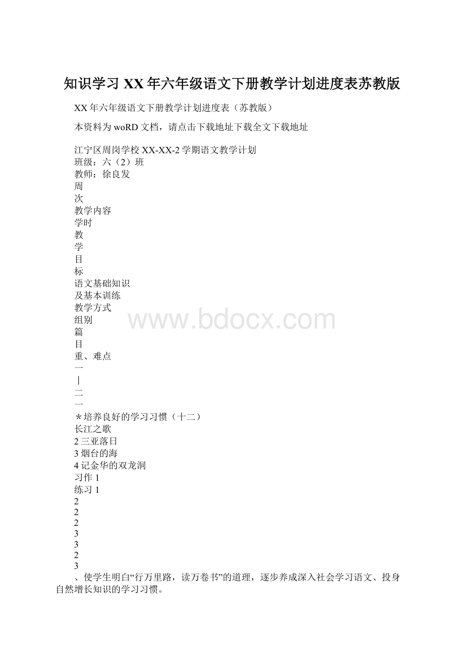 知识学习XX年六年级语文下册教学计划进度表苏教版.docx