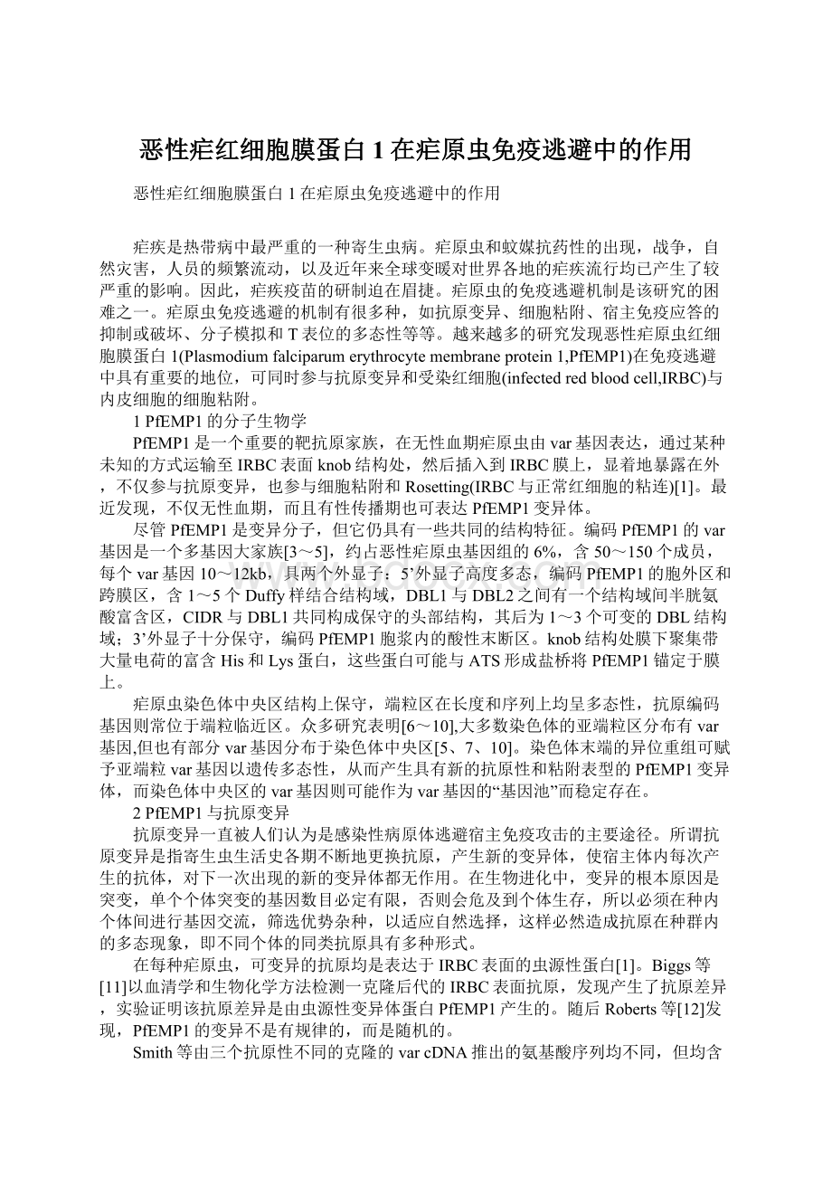 恶性疟红细胞膜蛋白1在疟原虫免疫逃避中的作用Word文档下载推荐.docx