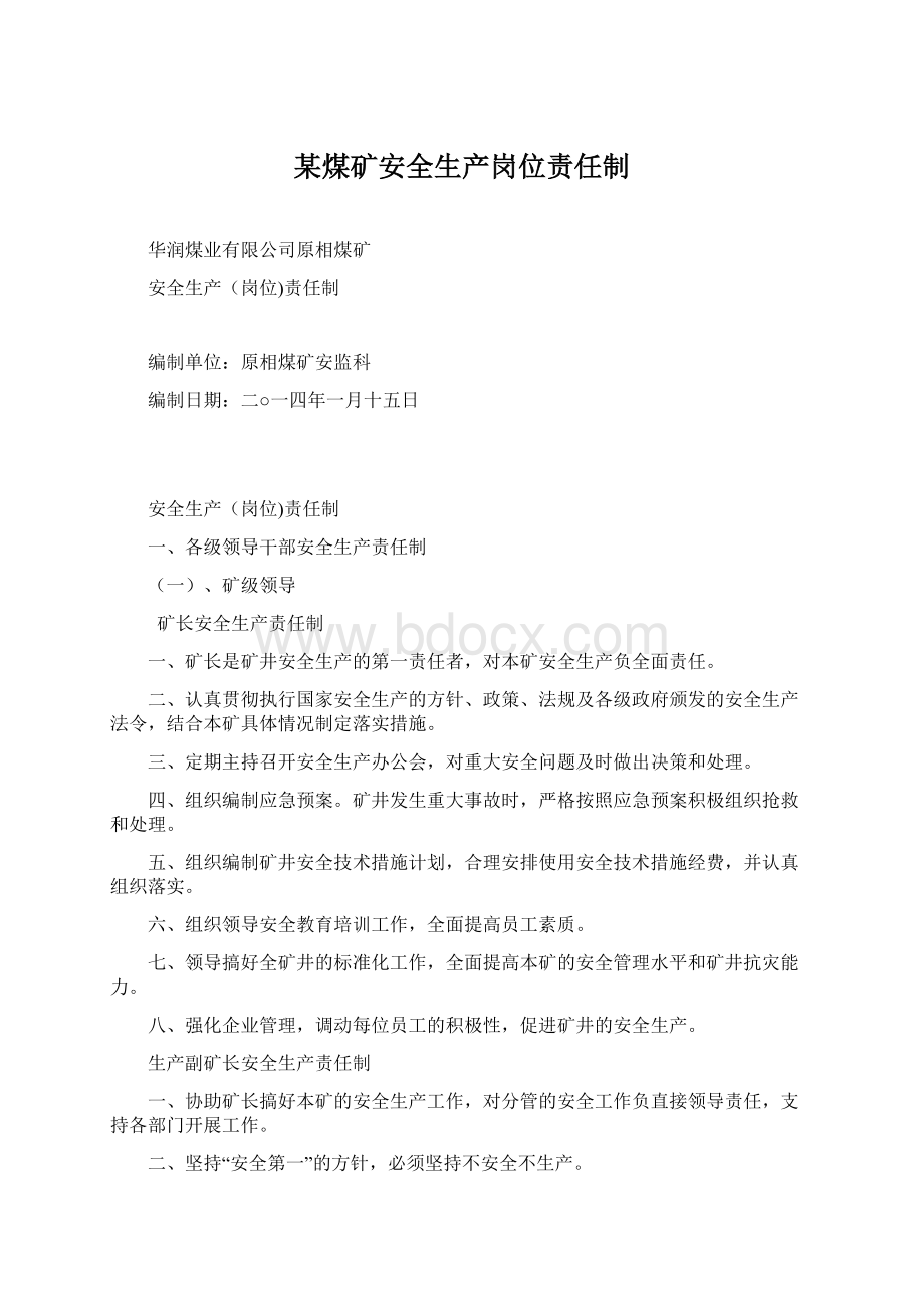 某煤矿安全生产岗位责任制.docx_第1页