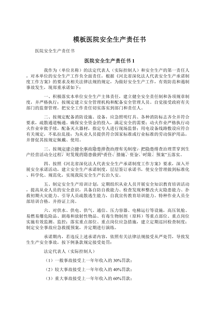 模板医院安全生产责任书Word格式文档下载.docx