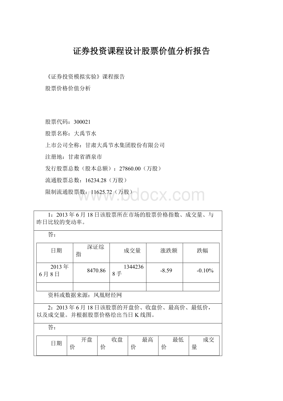 证券投资课程设计股票价值分析报告Word文档下载推荐.docx